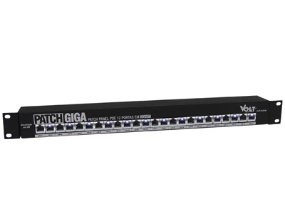 PATCH PANEL VOLT 12 PORTAS GIGABIT POE RACK 19" ATÉ 48V