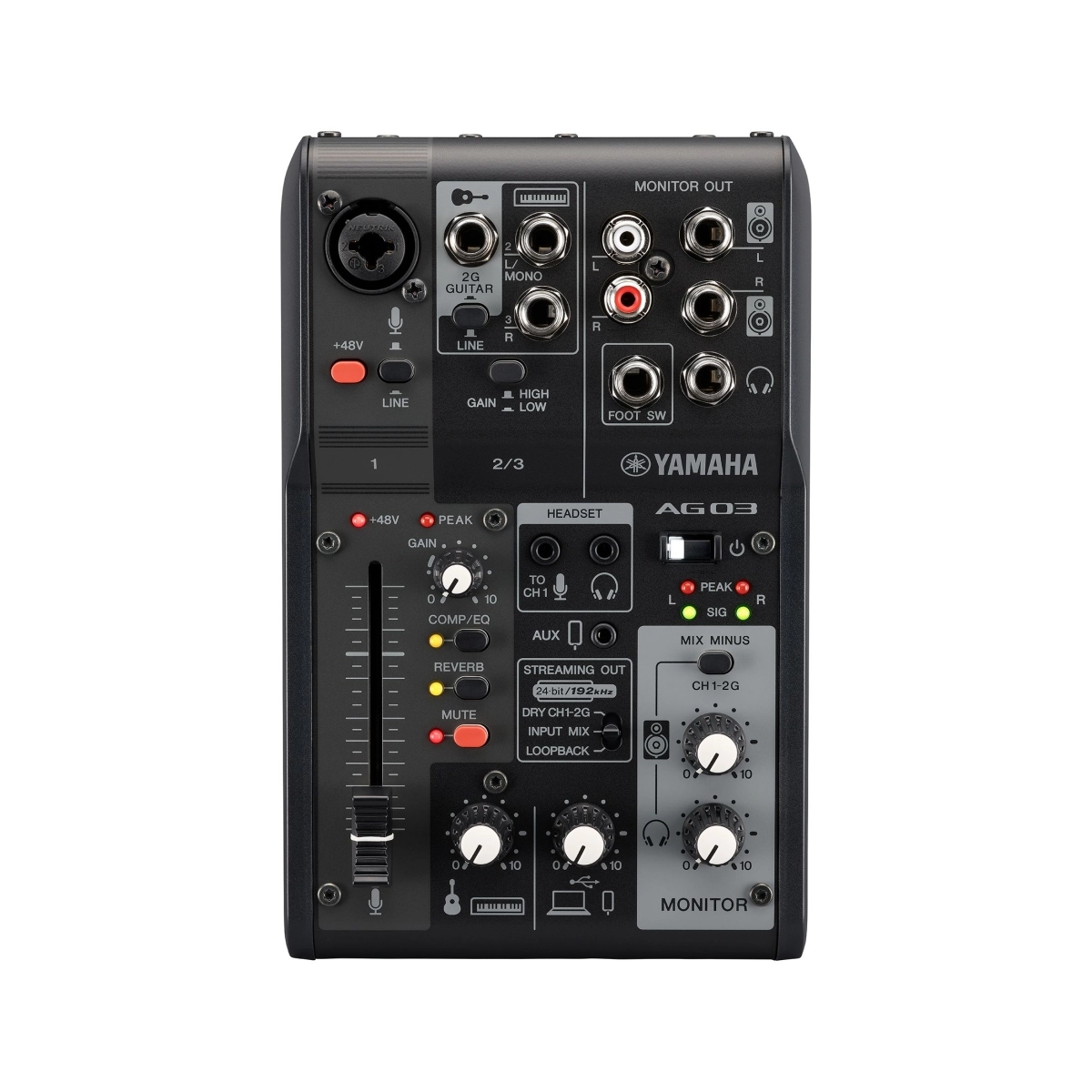 Mesa de Som com Interface Yamaha AG03MK2 LSPK + Microfone e Fone de Ouvido - Preta