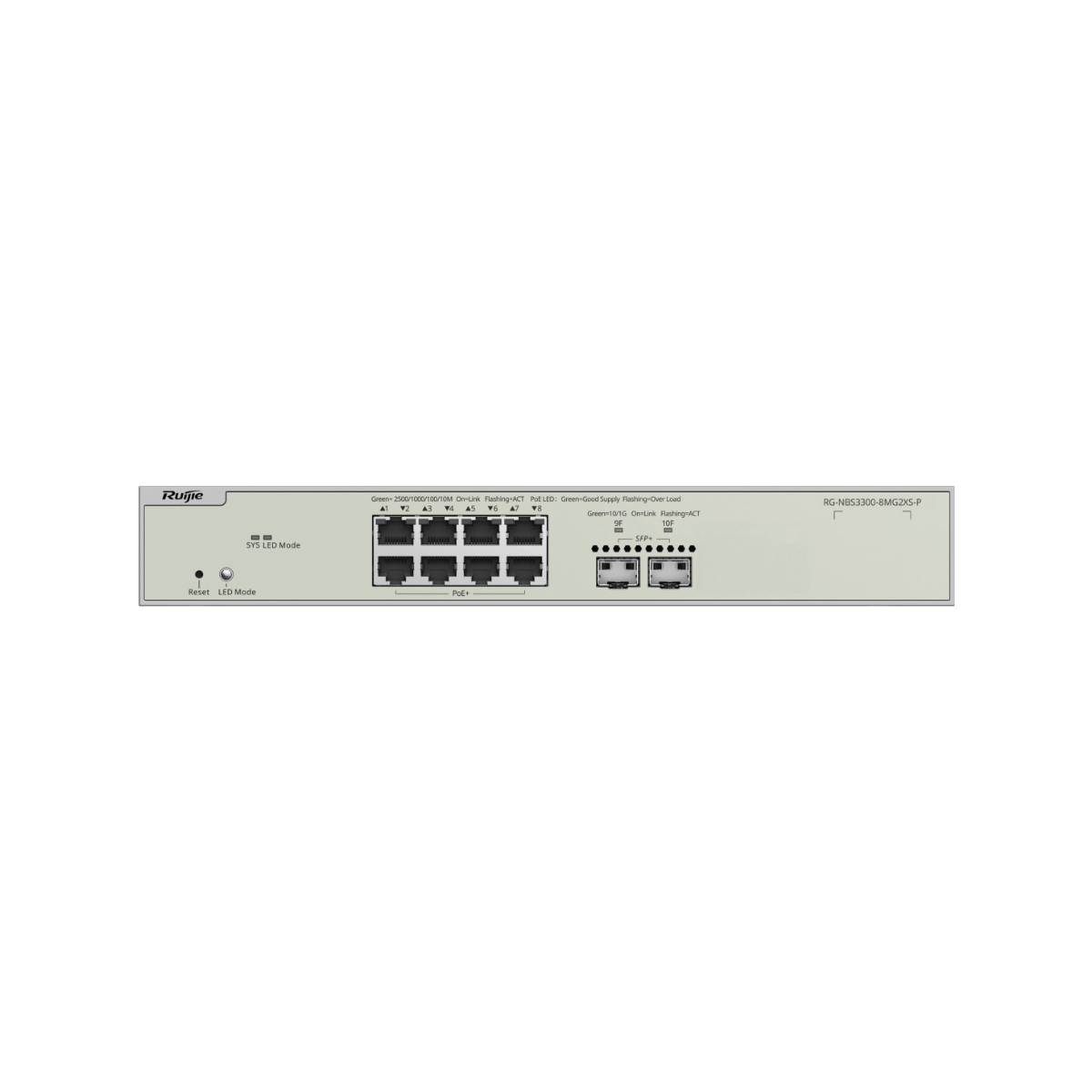 SWITCH POE GERENCIÁVEL (L2) RUIJIE/REYEE RG-NBS3300-8MG2XS-P 10 PORTAS (08 PORTAS 2,5GE + 02 PORTAS SFP+)