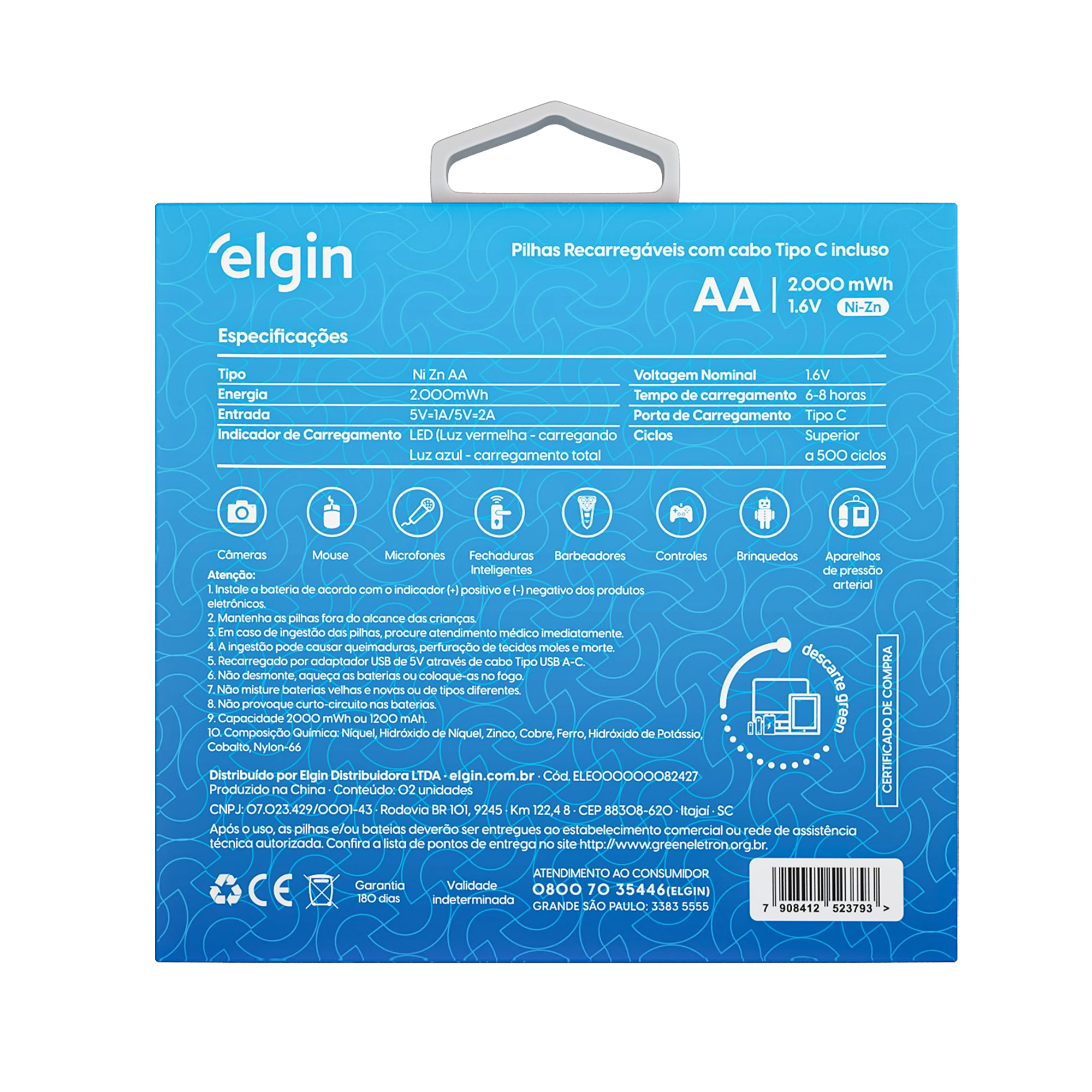 Pilha Recarregável Elgin AA 1200mAh USB Tipo-C com 2 Unidades para Eletrônicos