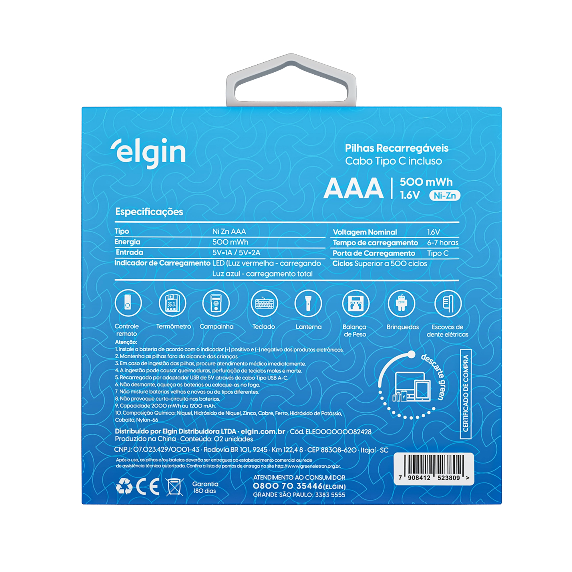 Pilha Recarregável Elgin Aaa 300mAh Cabo Tipo C com 2 para Projetos Profissionais