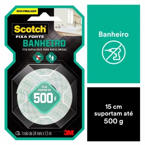 FITA DUPLA FACE FIXA FORTE BANHEIRO 24MM 1,5M 3M