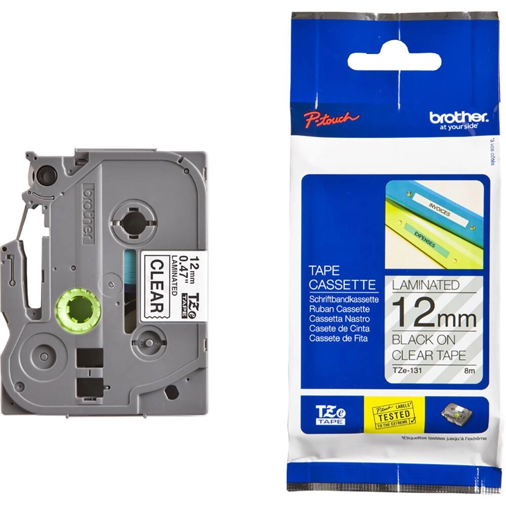 FITA BROTHER TZE131 12MM PRETO/TRANSPARENTE