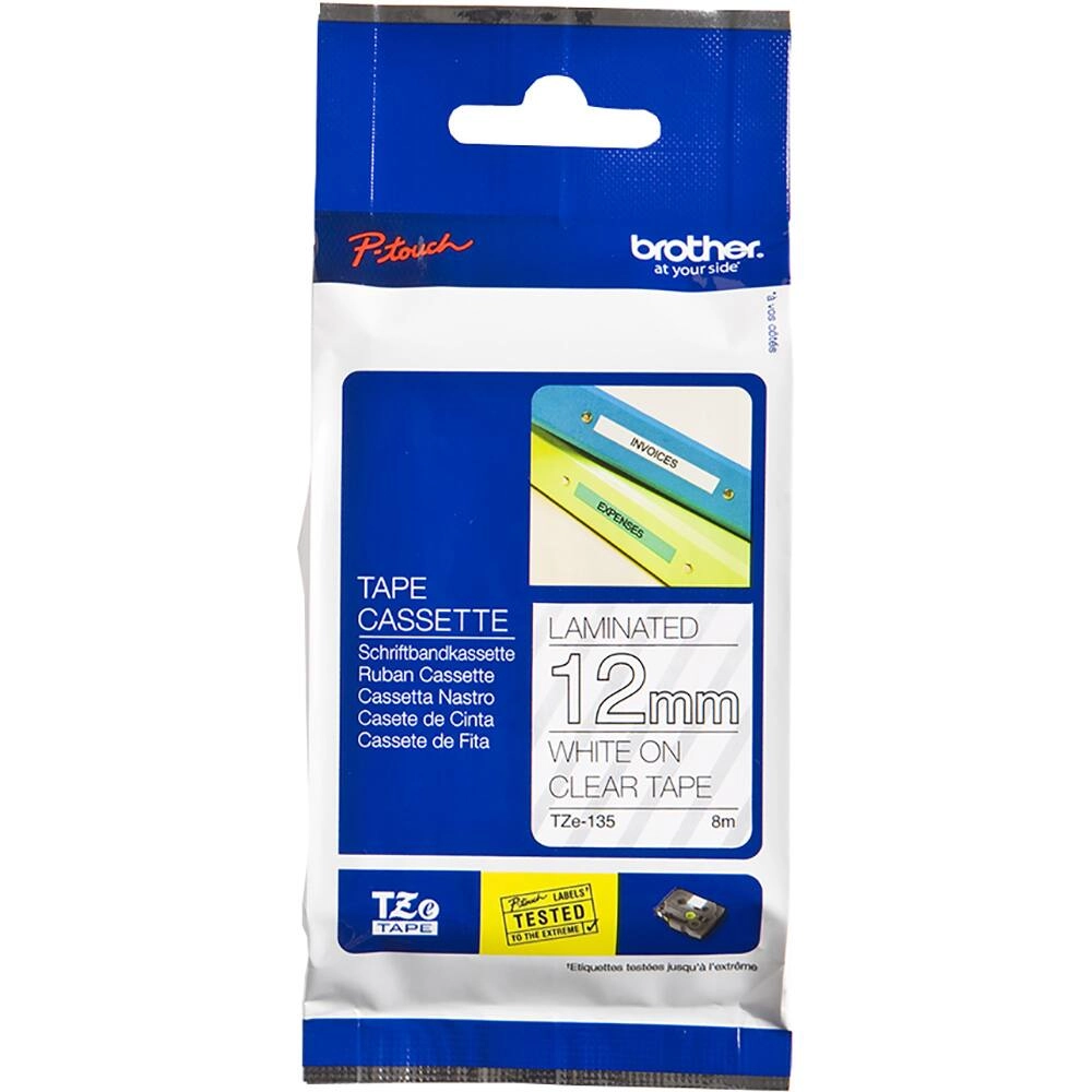 FITA BROTHER TZE135 12MM BRANCO/TRANSPARENTE