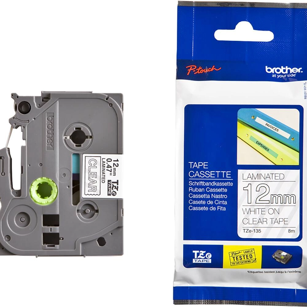 FITA BROTHER TZE135 12MM BRANCO/TRANSPARENTE