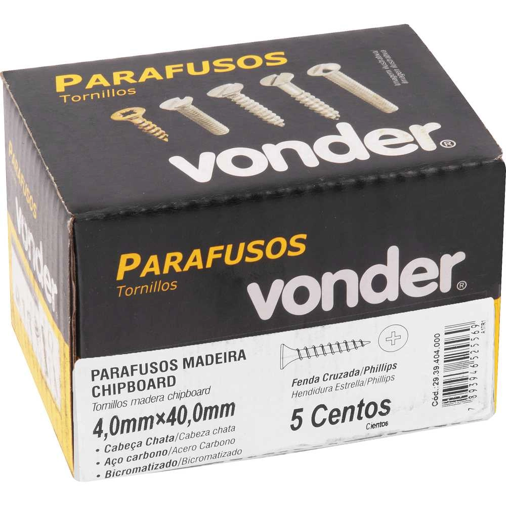 PARAFUSO MADEIRA CHIPBOARD VONDER 4,0X40MM CABEÇA CHATA PHILLIPS CAIXA 100 PEÇAS PARAFUSO MADEIRA CHIPBOARD VONDER 4,0X40MM CABEÇA CHATA PHILLIPS CAIXA 100 PEÇAS