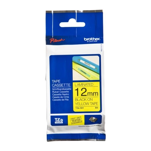 FITA PARA ROTULADOR BROTHER TZE631 12MM PRETO SOBRE AMARELO